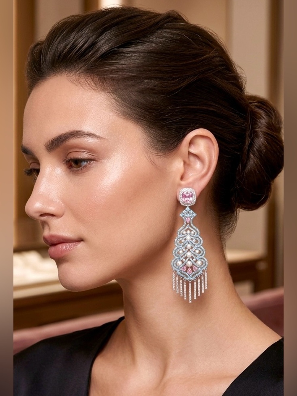 Statement Crystal Tassel Earrings | Pearl & Pink Gem Chandelier Dangle